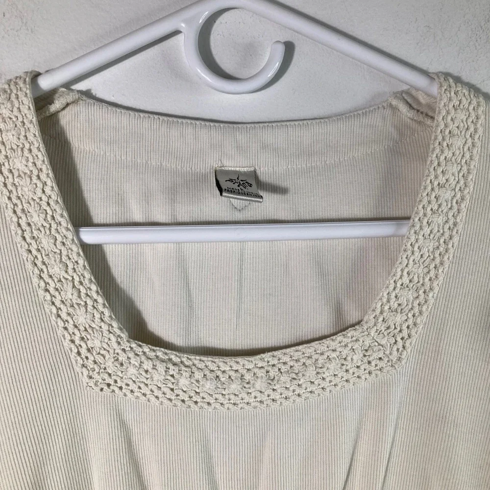Vintage Prana Cream Ribbed Knit Square Neck Crocheted Trim‎ Top Women's L